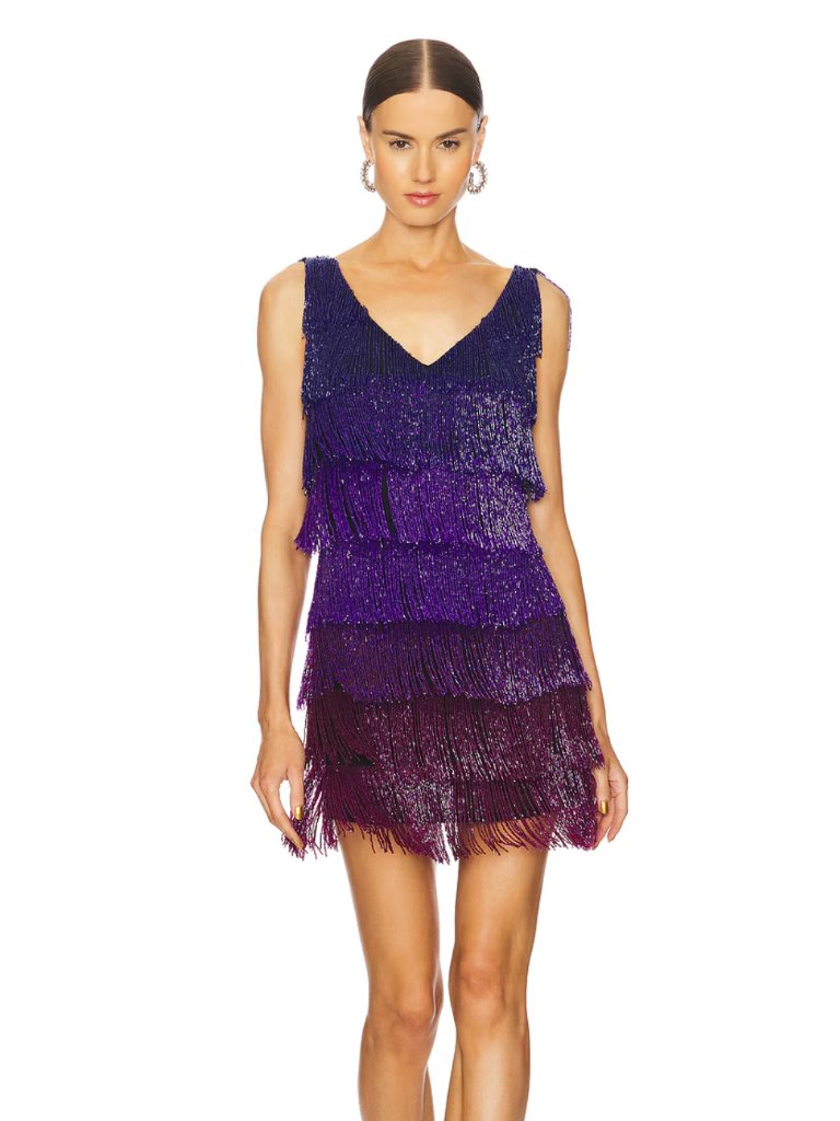 Yaura Zircachi Mini Dress Embellished Purple Beaded Fringe Sleeveless Cocktail